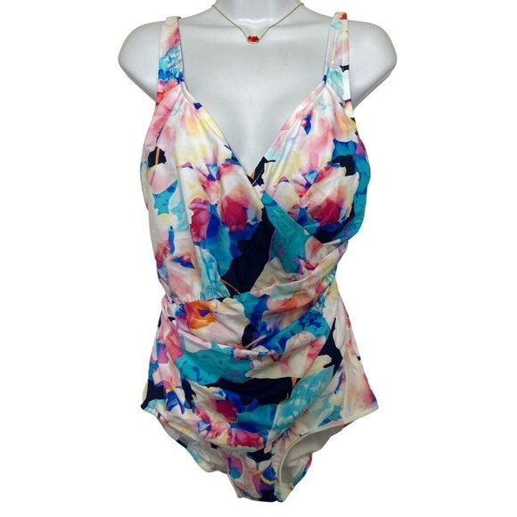 Maxine Shirred‎ Surplice One Piece Swimsuit Illusion Blossoms, Size 16 - Picture 2 of 14